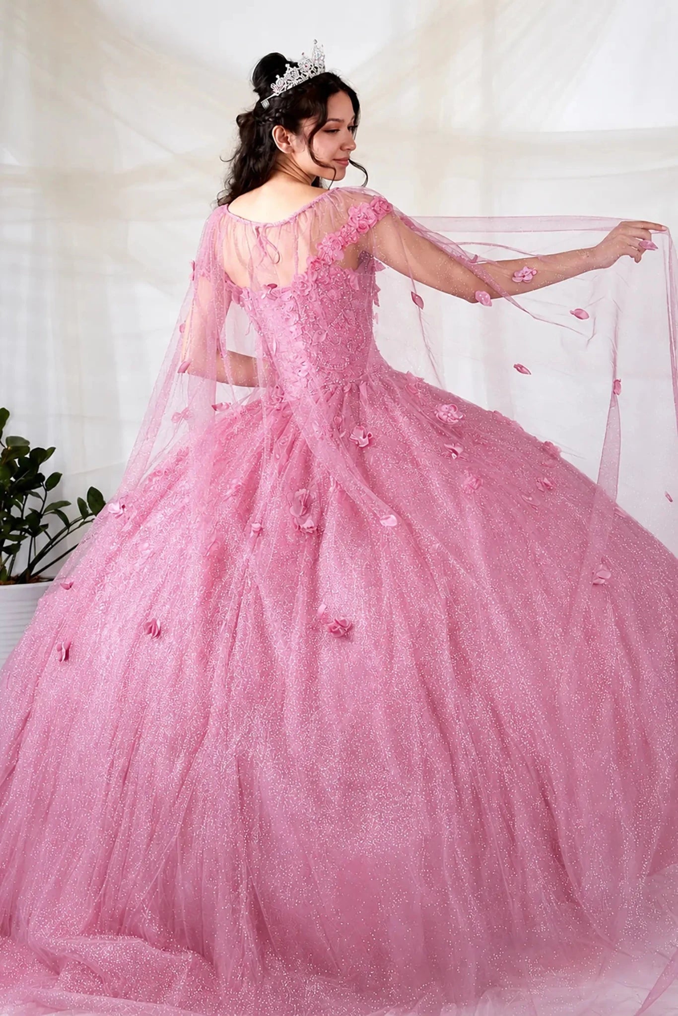 Dusty rose quinceañera ball gown with 3D floral applique and detachable sheer flowing cape