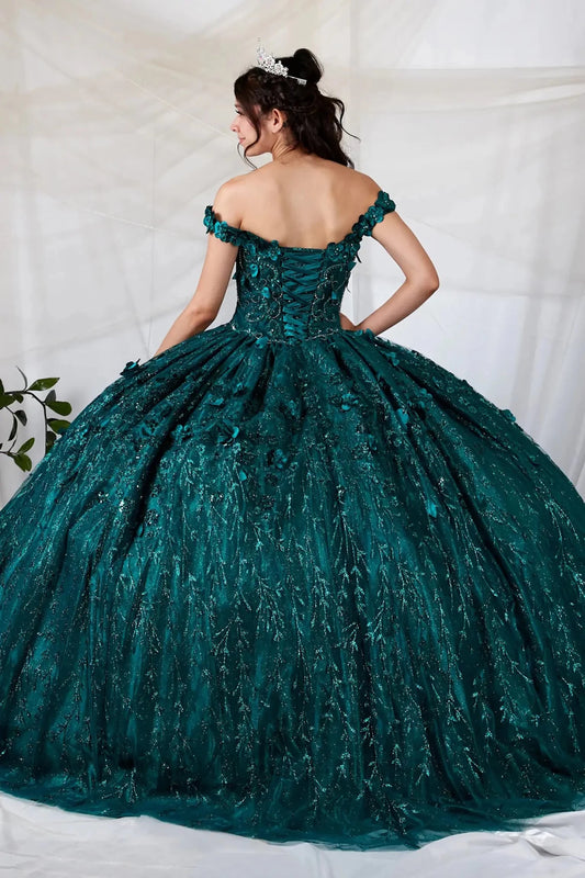 Back view of a green quinceanera dress with lace-up corset, 3D floral appliques and glitter tulle skirt