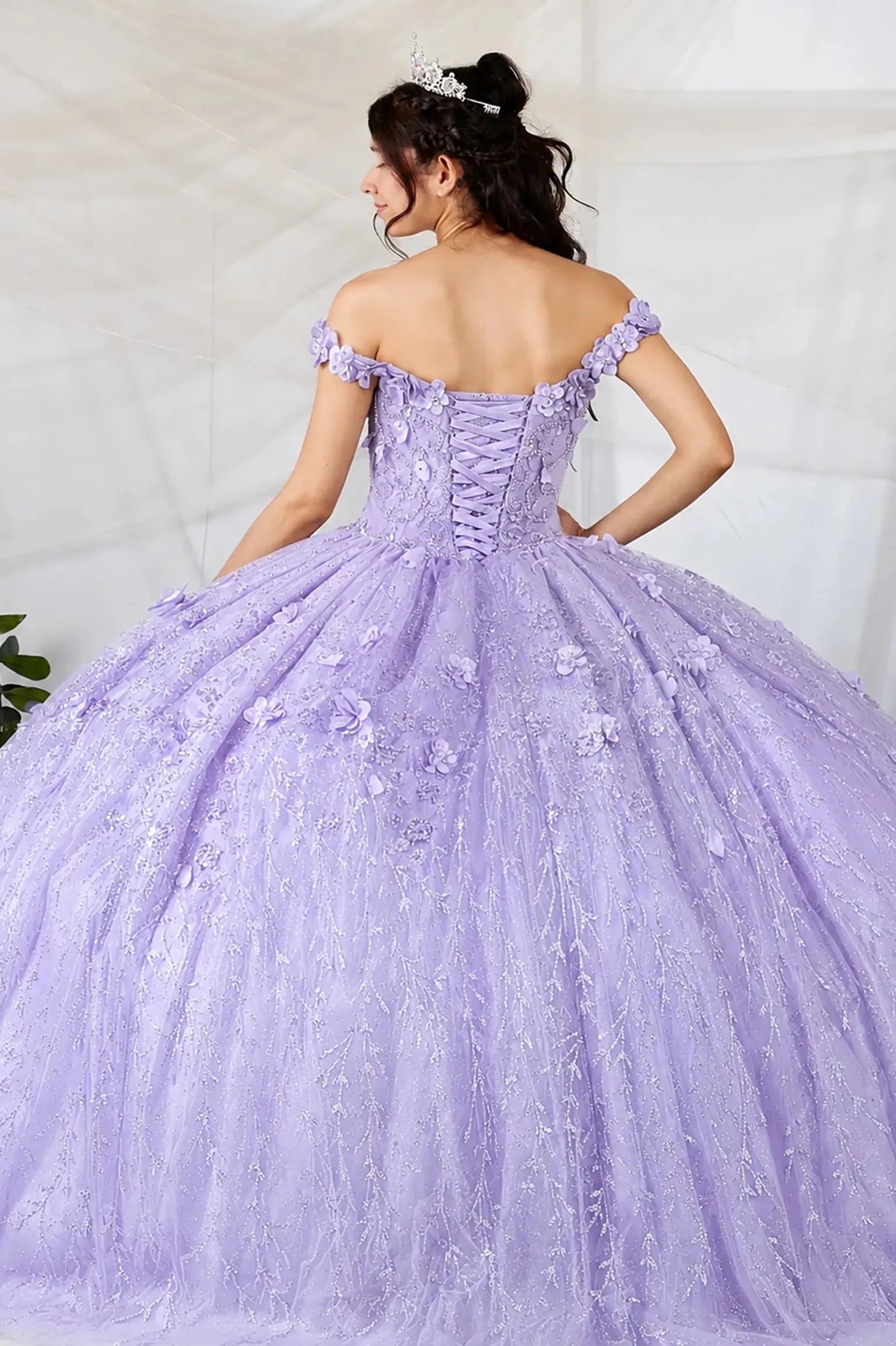Lilac quinceañera ball gown with 3D floral applique, lace‑up corset and detachable sheer cape