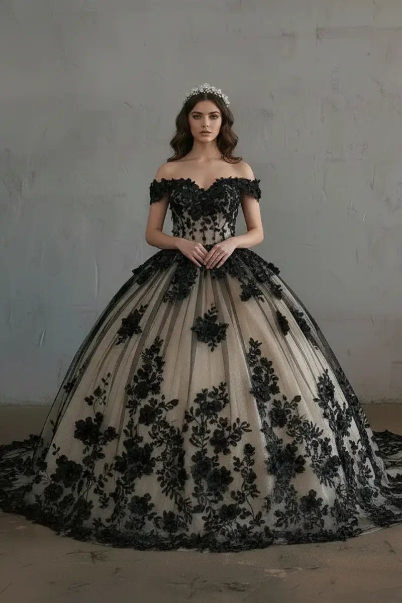 Black quinceañera ball gown with off‑shoulder neckline, 3D floral applique, long tail and layered train