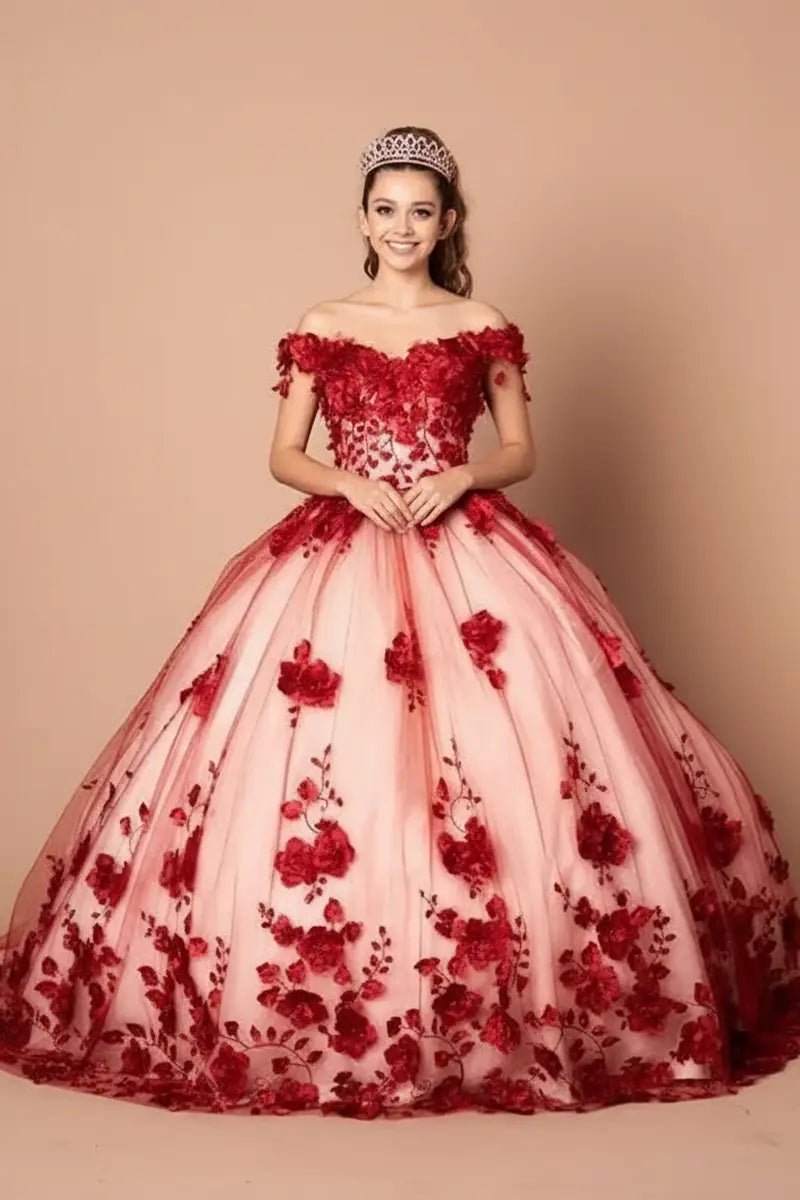 Burgundy quinceañera ball gown with off‑shoulder neckline, 3D floral applique and extended train