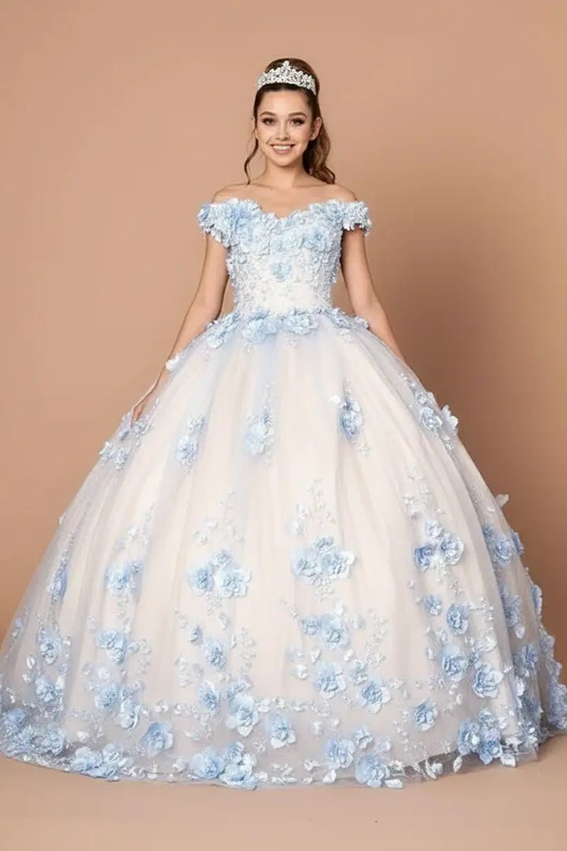 Light blue quinceañera ball gown with strapless bodice, floral applique, beaded embroidery and long train
