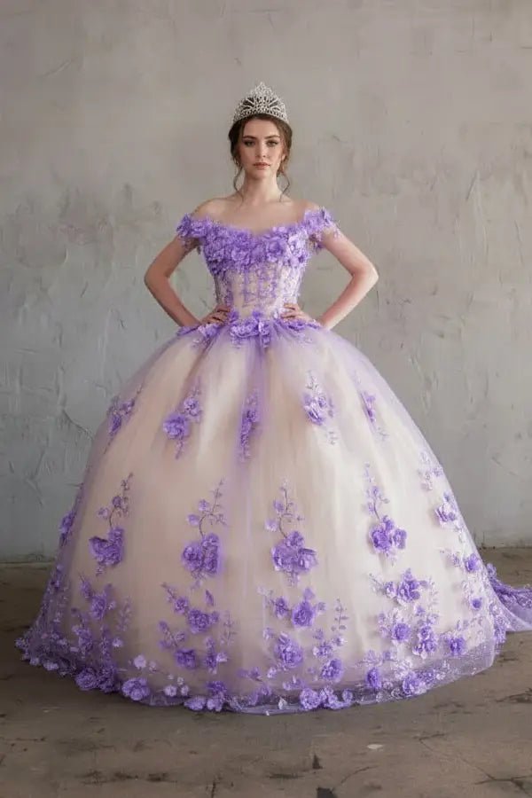 Lilac quinceañera ball gown with 3D floral applique, off‑shoulder neckline and extended layered train