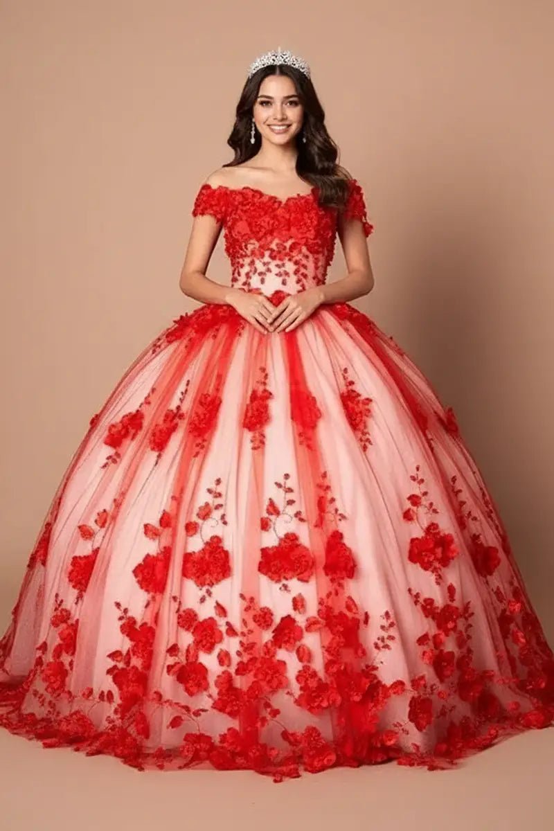 Red quinceañera ball gown with off‑shoulder neckline, 3D floral applique and long train