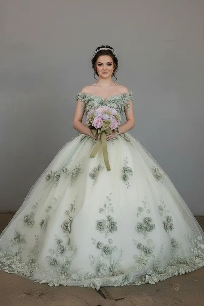 Sage quinceañera ball gown with off‑shoulder neckline, 3D floral applique and long train