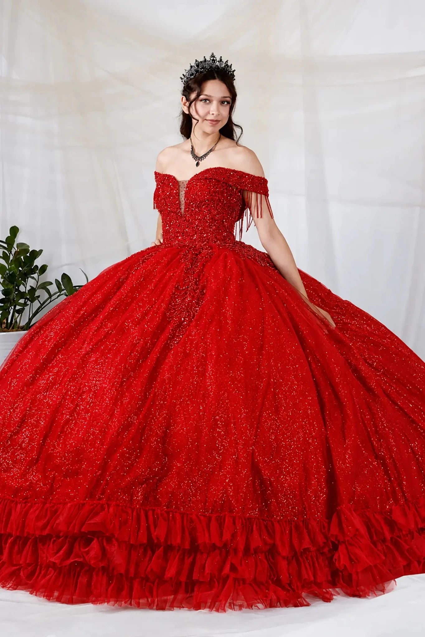 red glitter quince dress Quinceañera with Rhinestone Beaded Bodice, Tiered Ruffle Hem and Tulle mexican red quinceanera dresses