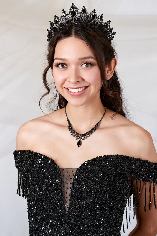 Front Close-Up of a woman wearing of black bodice highlighting rhinestone beadwork and refined structure