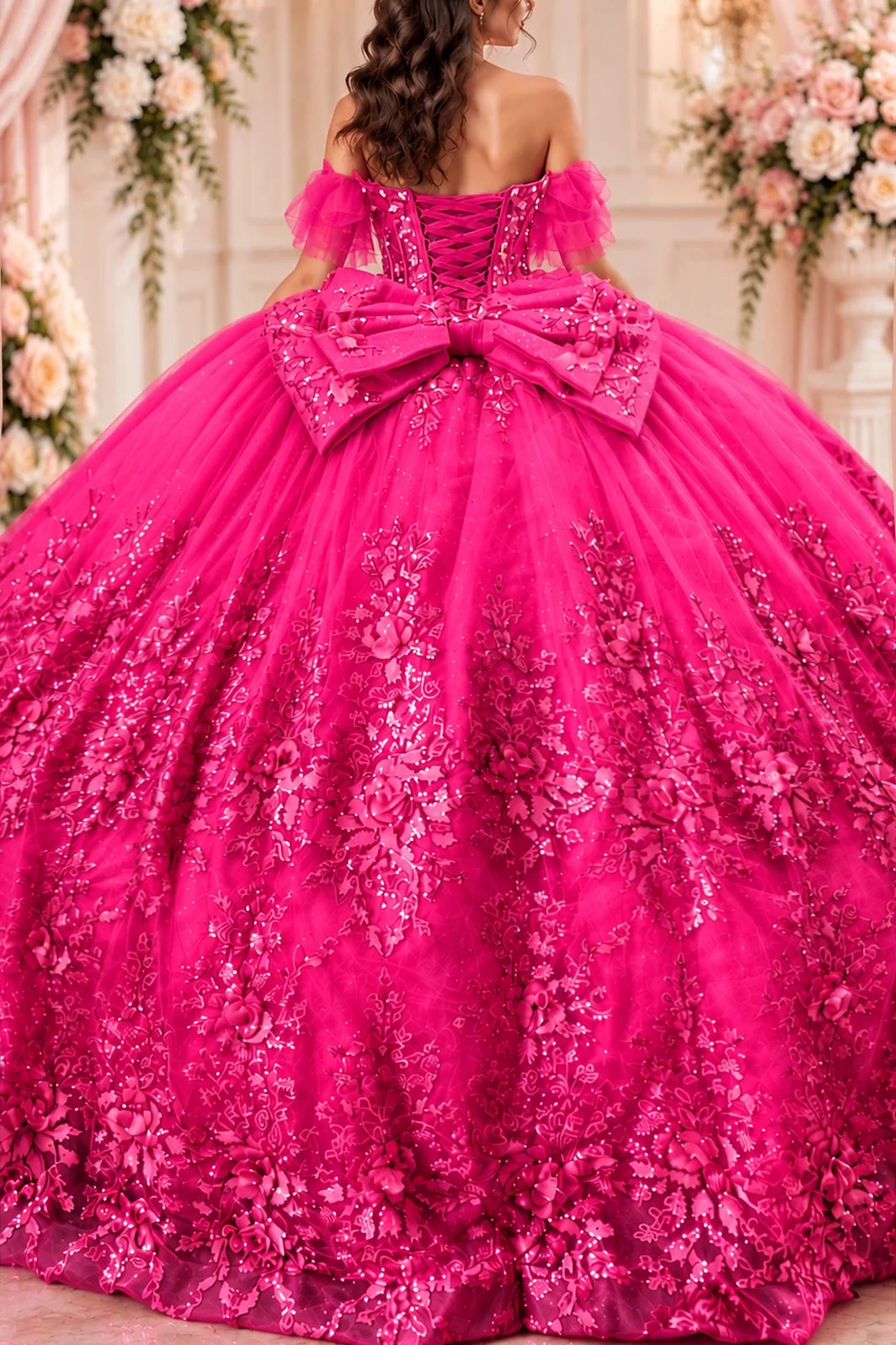 An oversized bow accents the lace-up back of this Fuchsia quinceañera dress.
