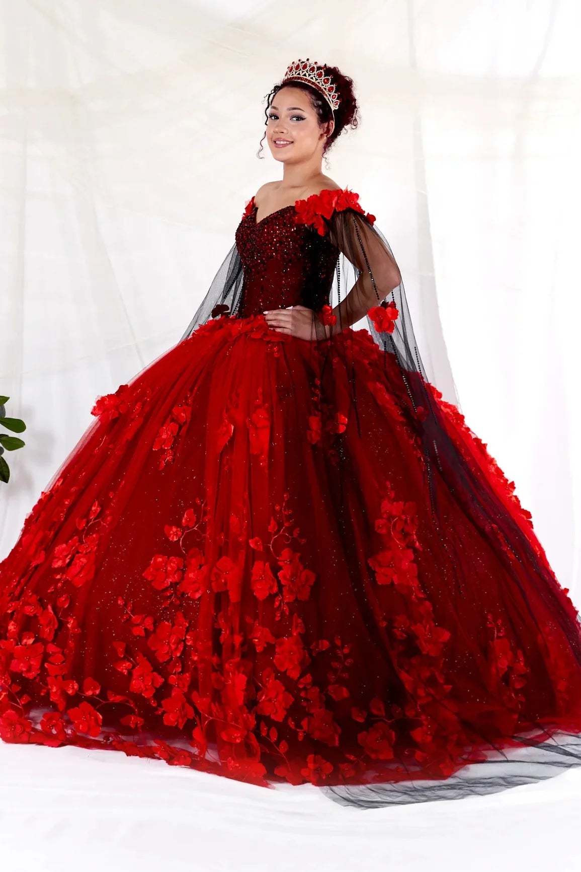 Red Quinceañera Ball Gown with Removable Cape and 3D Flowers 3XL / Red