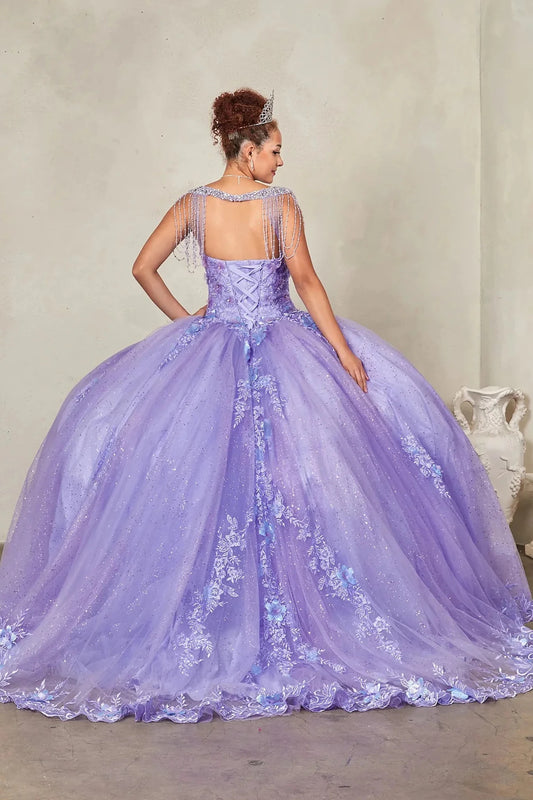 Lilac quinceañera ball gown extending into graceful train with lace appliqués accenting bead-fringed