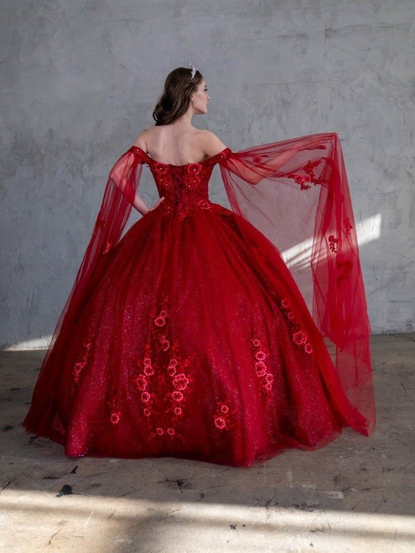 Burgundy quinceañera ball gown with 3D floral applique, detachable cape and glitter tulle skirt