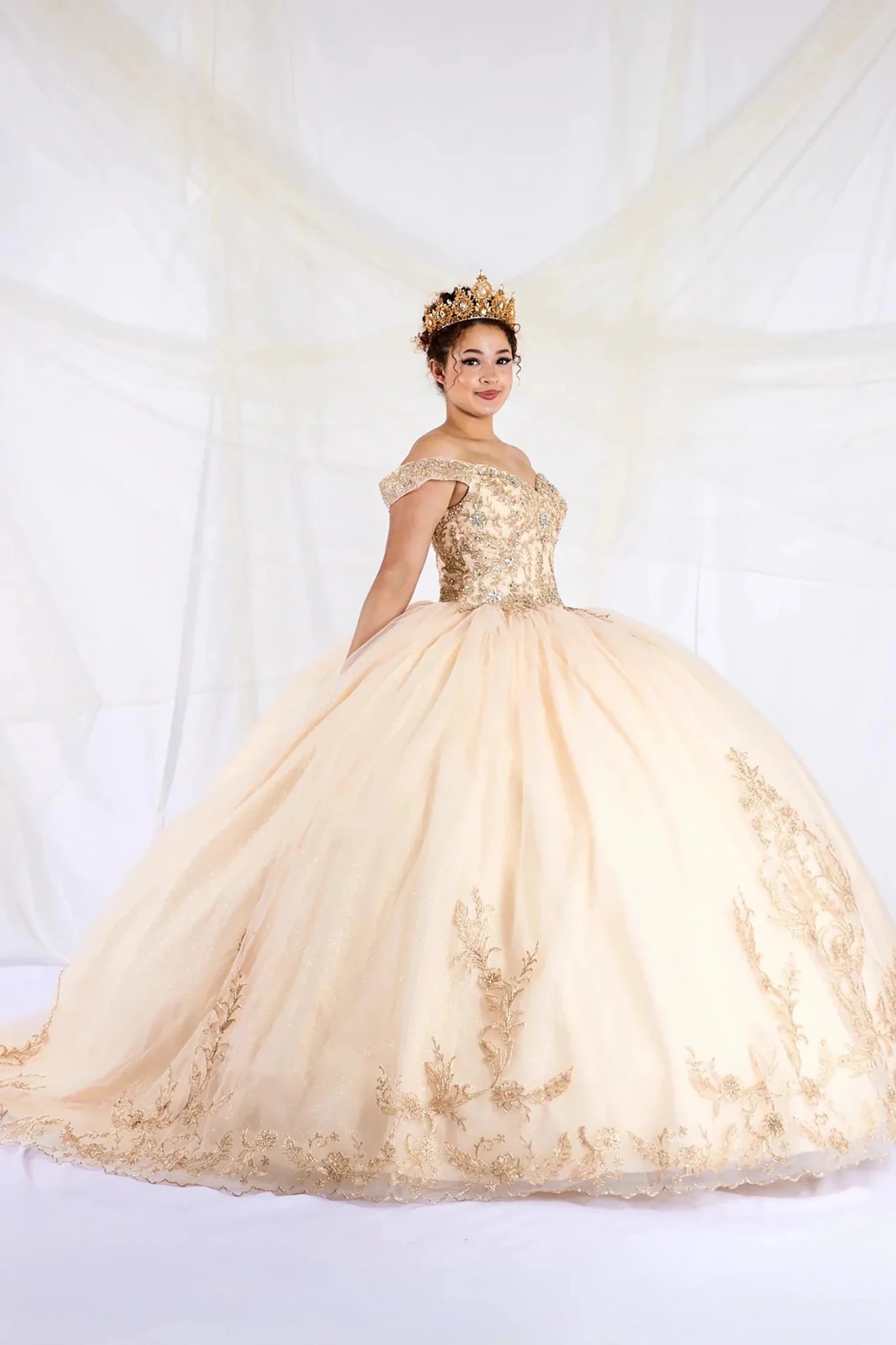 champagne quince dress Elegant Quinceanera 16 / Champagne Get ready to make a statement in our Narelle Quinceanera dress Champagne Quinceaera Ball Gown with