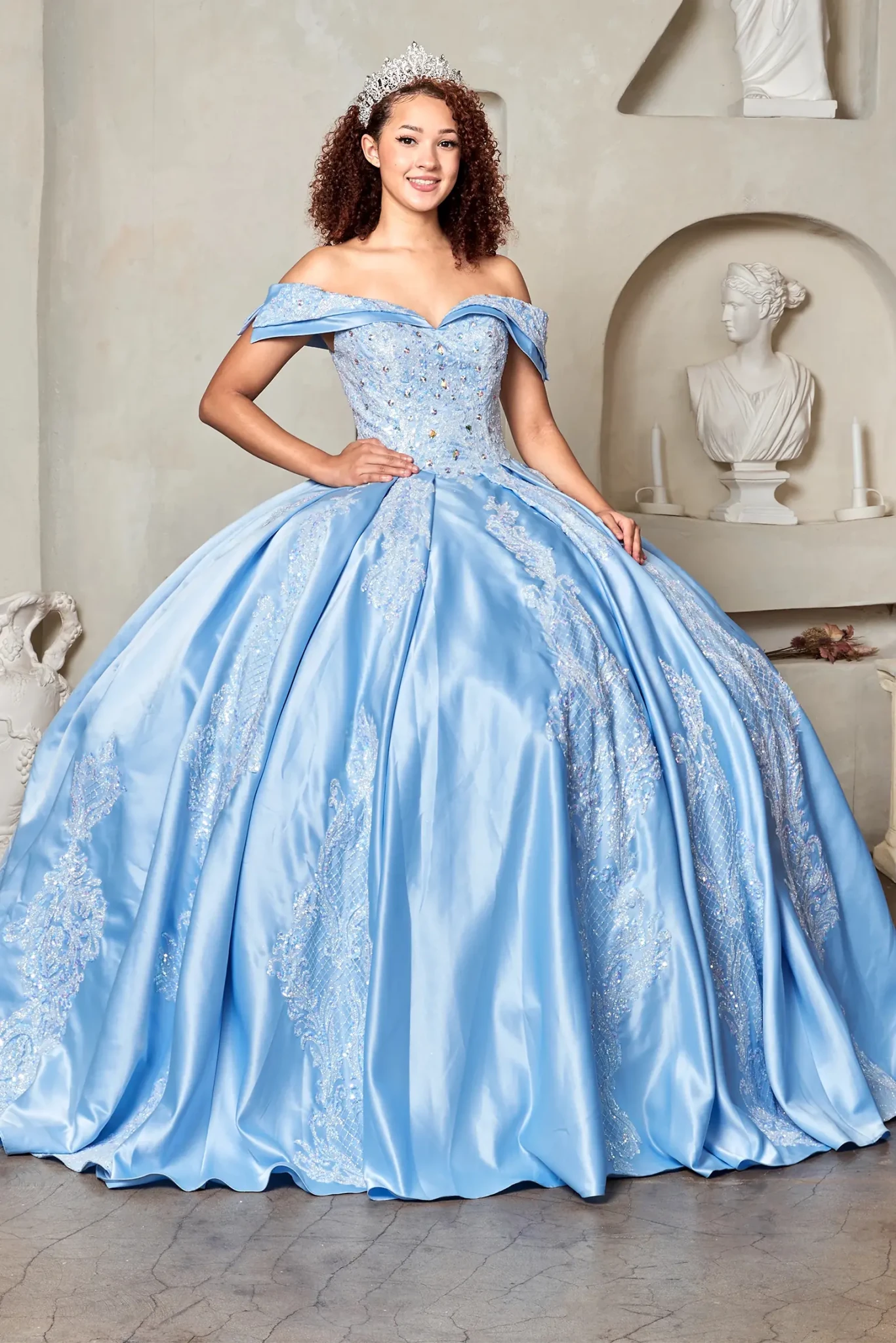 cinderella blue quince dresses Couture 8310J Long Ball Gown Lace Applique Quinceanera Dress The sweetheart long bodice showcases a corset back with rhinestone corset ties Blue Love Story Custom Ice