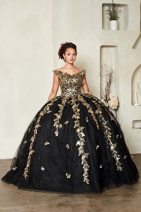 Black quinceañera quinceanera ball gown with allover 3D floral applique and glitter tulle skirt