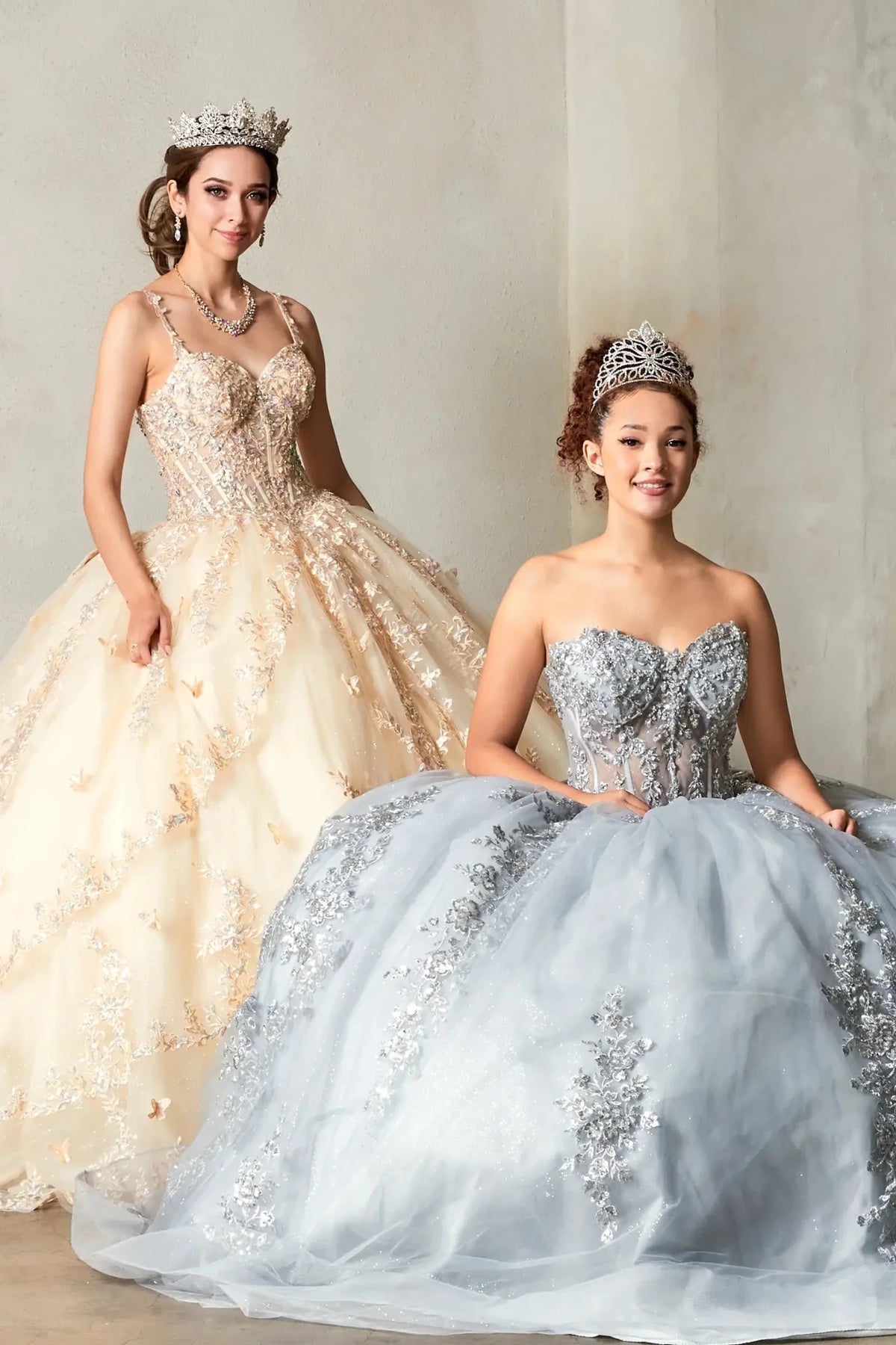 Champagne quinceañera ball gown with sheer bodice, 3D butterfly applique, spaghetti straps and layered lace skirt
