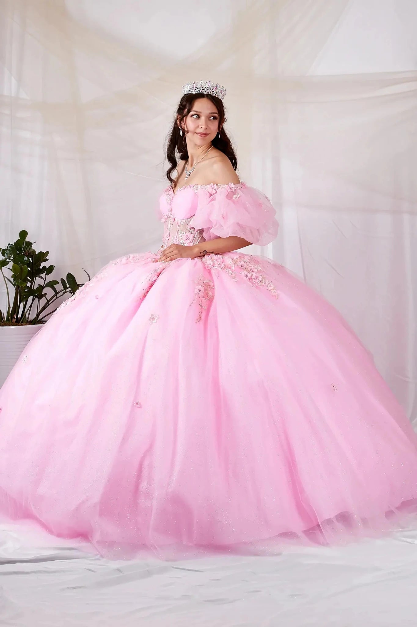 Blush quinceañera ball gown with 3D floral applique, sheer bodice, off‑shoulder neckline and lace skirt