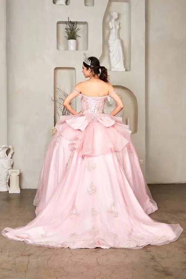 Blush quinceañera ball gown with 3D butterfly sleeves, embroidered bodice and glitter tulle skirt