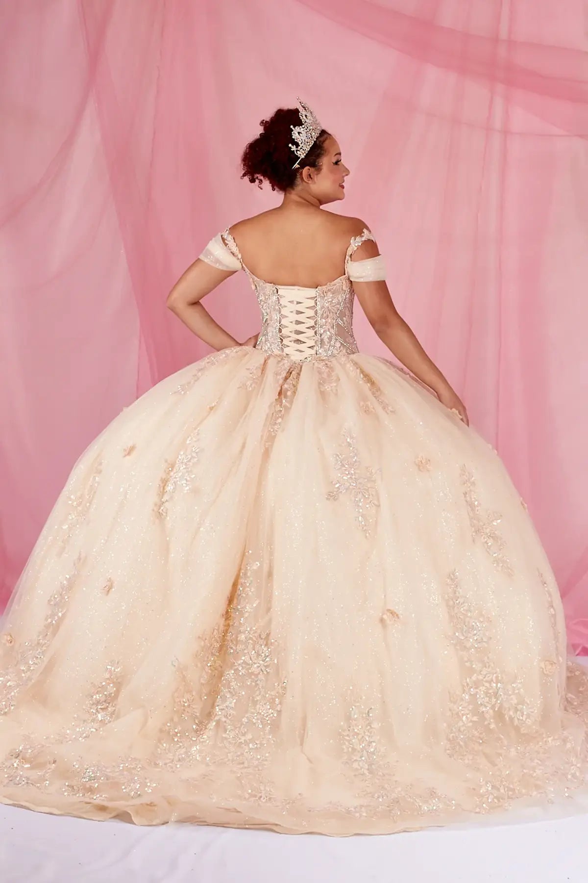 Lilac quinceañera ball gown with illusion corset bodice, 3D floral applique and beaded embroidery