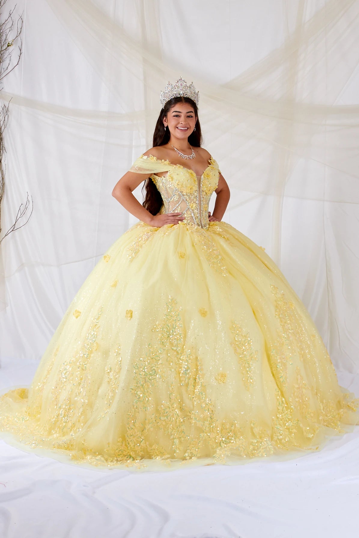 Yellow quinceañera ball gown with illusion corset bodice, 3D floral applique and beaded embroidery