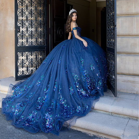 Quinceañera | Navy Green Floral Sequin Elegance Sweet 15 Dress | Rosalita dress back train
