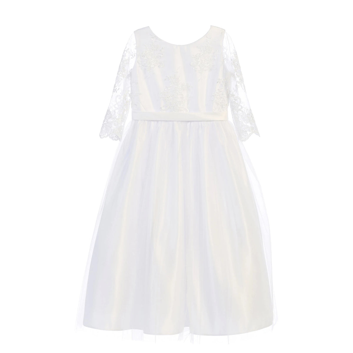 Textured details appear across USA-Made White communion dress with sheer sleeves.