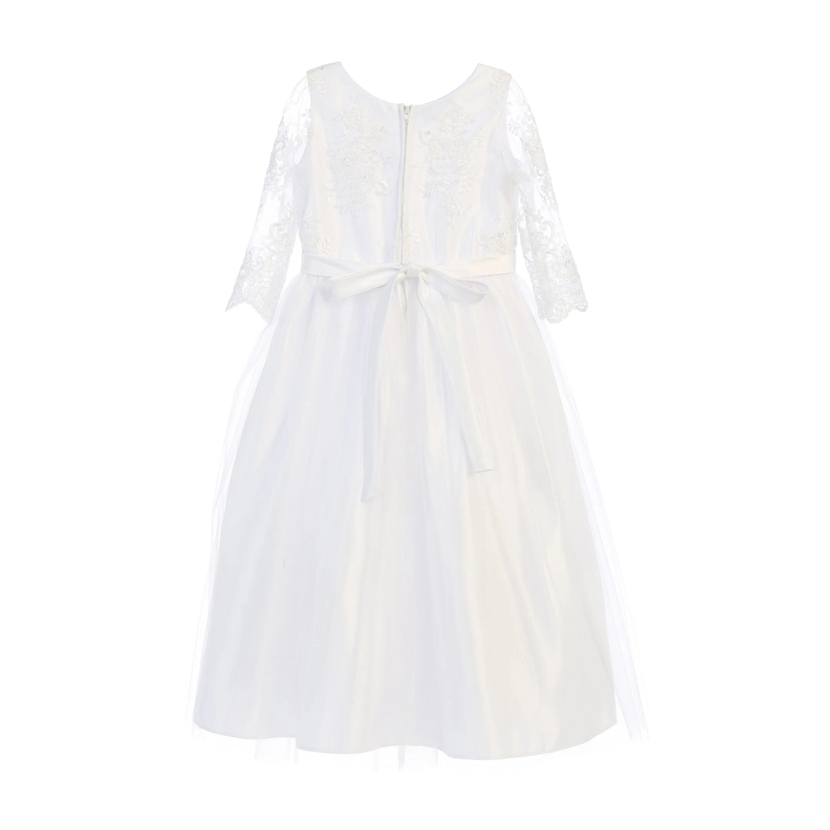 White communion dress with a bow detail.