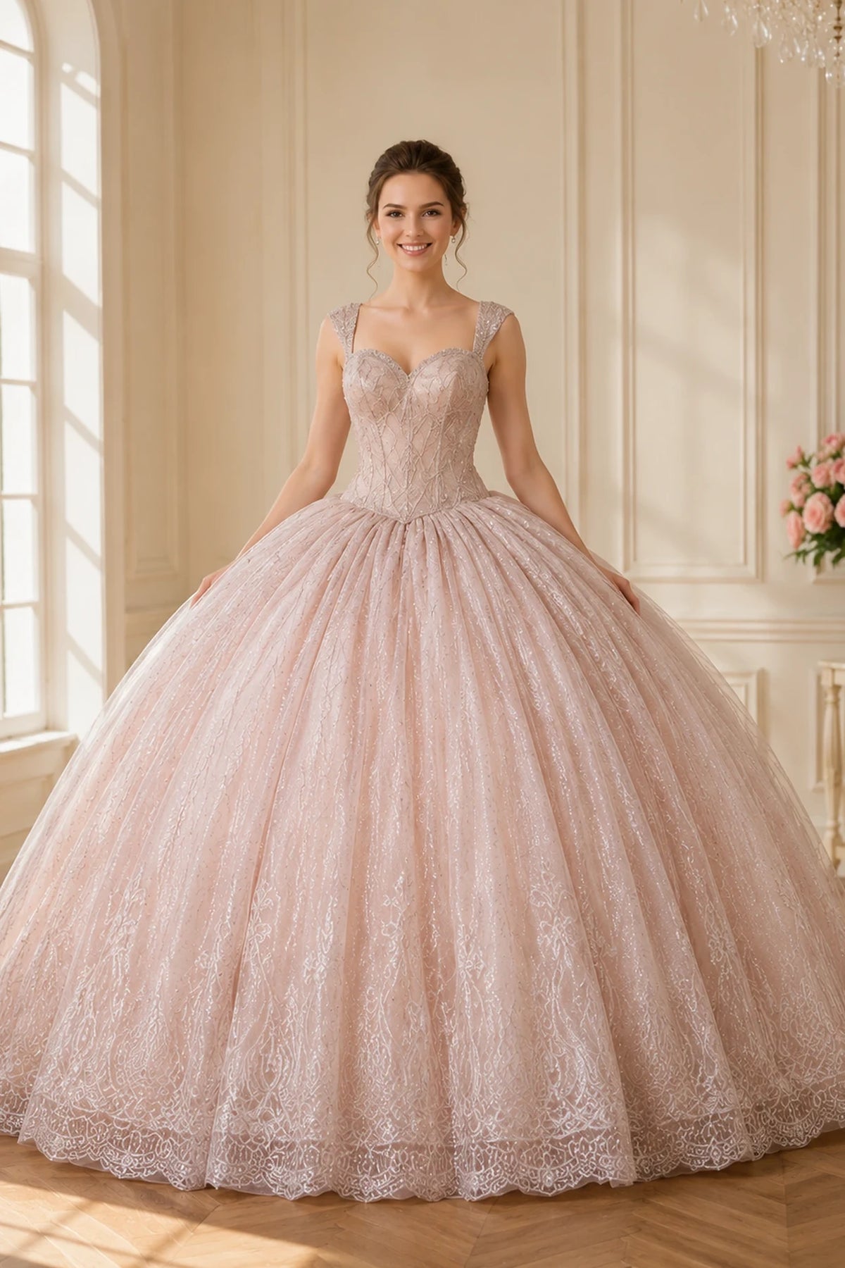 Blush Pink quinceañera dress showcases illusion neckline with embroidered bodice above full lace-trimmed ball gown skirt.