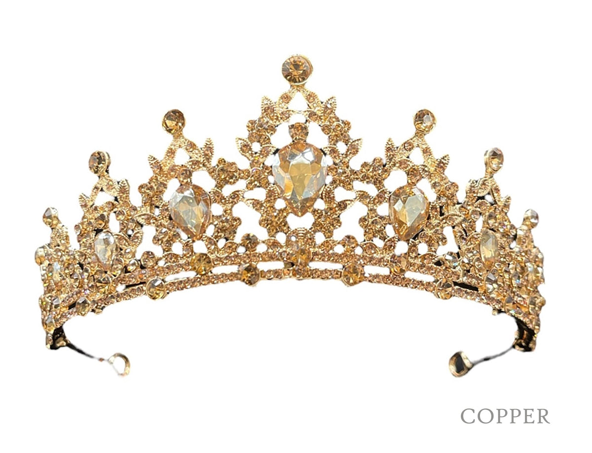 Feature view shows copper rhinestone mini quince tiara.