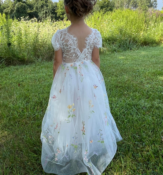 V-Back Soft Lace Top Embroidered Floral Tulle Cap Sleeves Dress | Flower Girl Dress | Special Occasion Dress – Hazel Dress girl back side