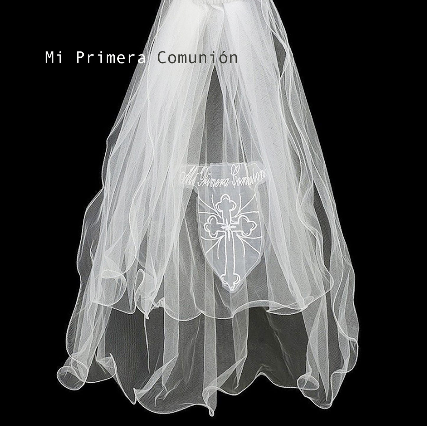 White veil with a cross design and text on a black background