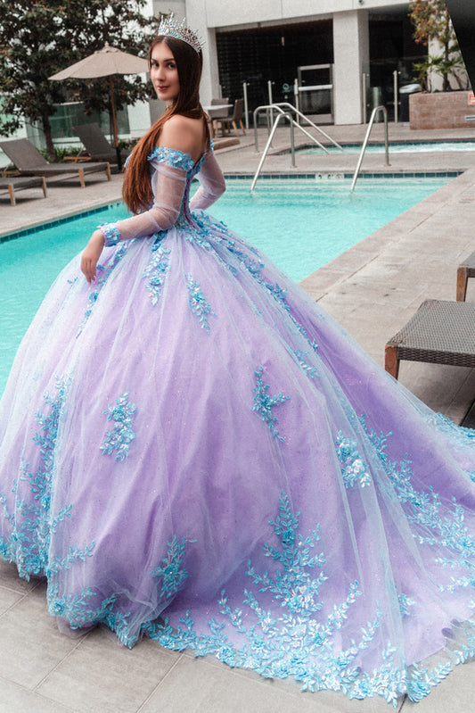 Quinceanera | Lilac Blue Off-Shoulder 3D Floral Appliqués Long Mesh Sleeves Sweet 15 Ball Gown | Miranda dress back side view