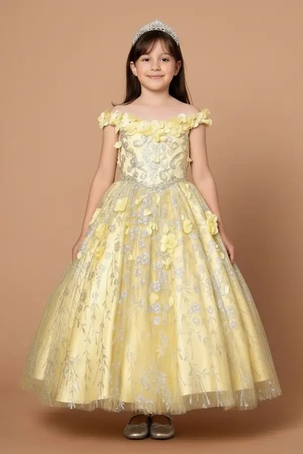 Front-facing view of yellow mini quince dress with 3D floral appliqué bodice, glitter detailing, and sweetheart neckline.
