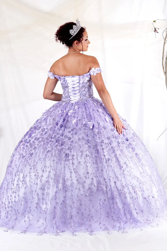 Back-Facing of a woman wearing Lilac formal gown featuring structured back layered skirt and flowing silhouette