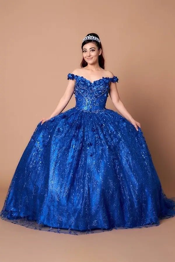 Royal blue quinceañera ball gown with off‑shoulder neckline, floral applique and flowing skirt