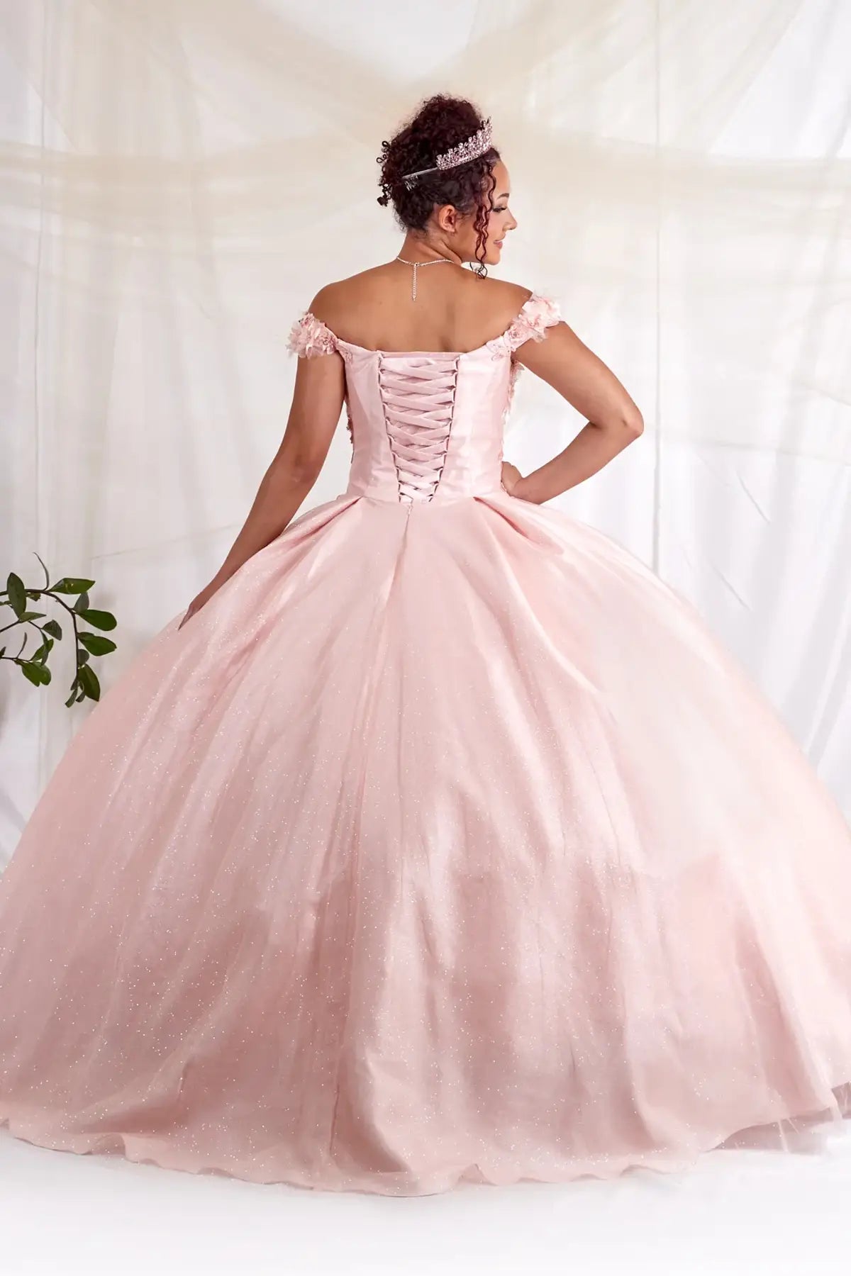 Back-Facing of a woman wearing Blush formal gown featuring layered skirt design soft structure and elegant silhouette