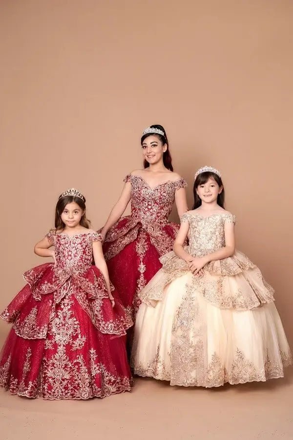 Burgundy Kids Mini Quinceanera Ball Gown with Gold Embroidery 14 / Burgundy