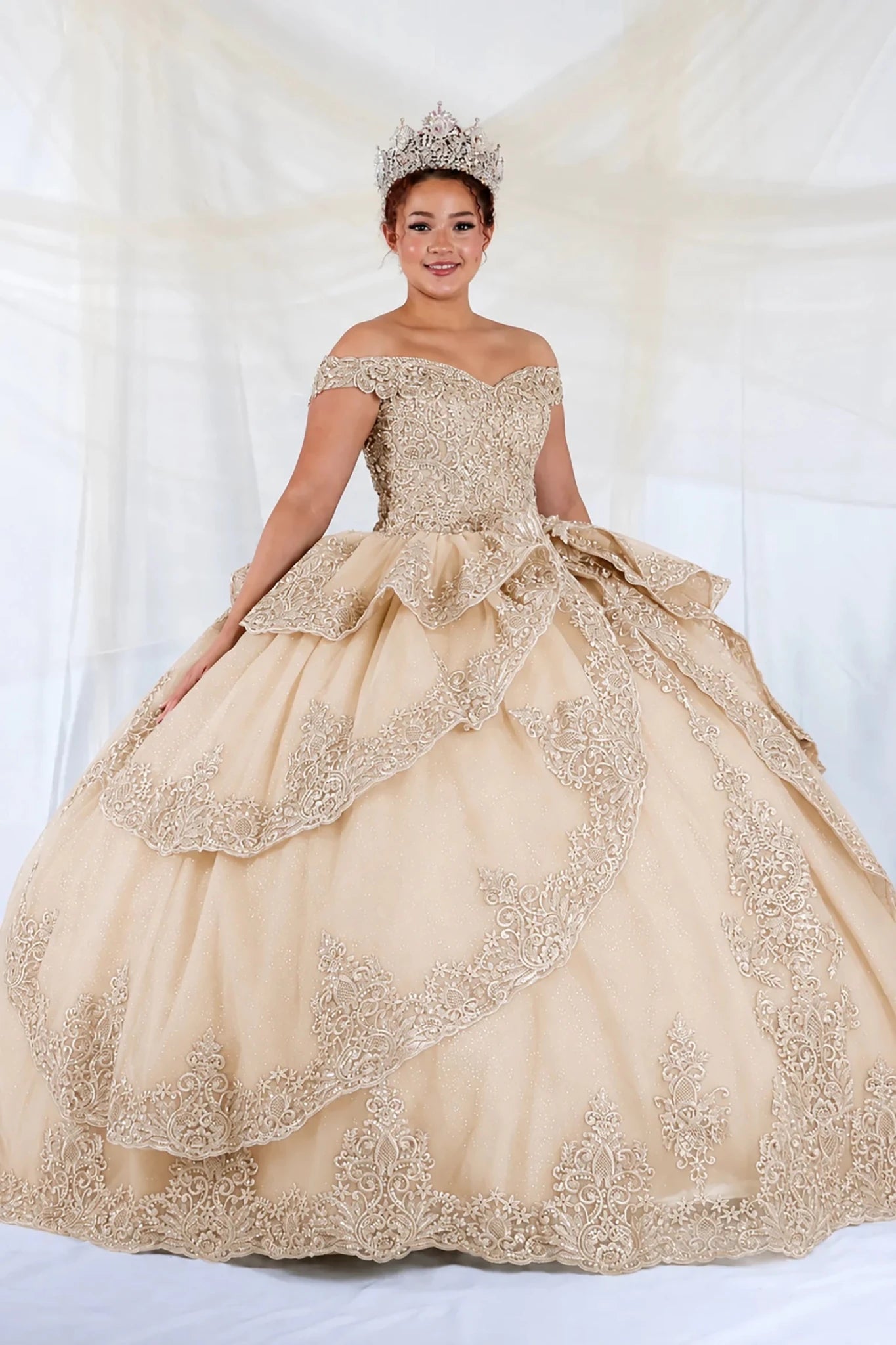 Champagne Quinceañera Ball Gown with Embroidery Details L / Champagne