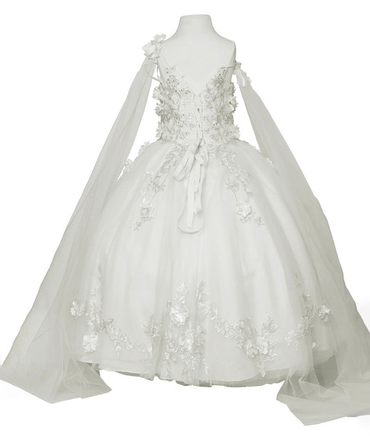 Flower Girl Dress | White Mini Quince Ball Gown with Floral Appliqué Bodice and Layered Tulle | Lusia dress