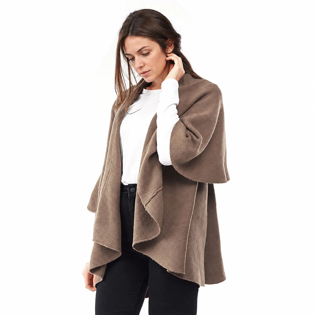 Woman wearing a taupe layered shawl wrap