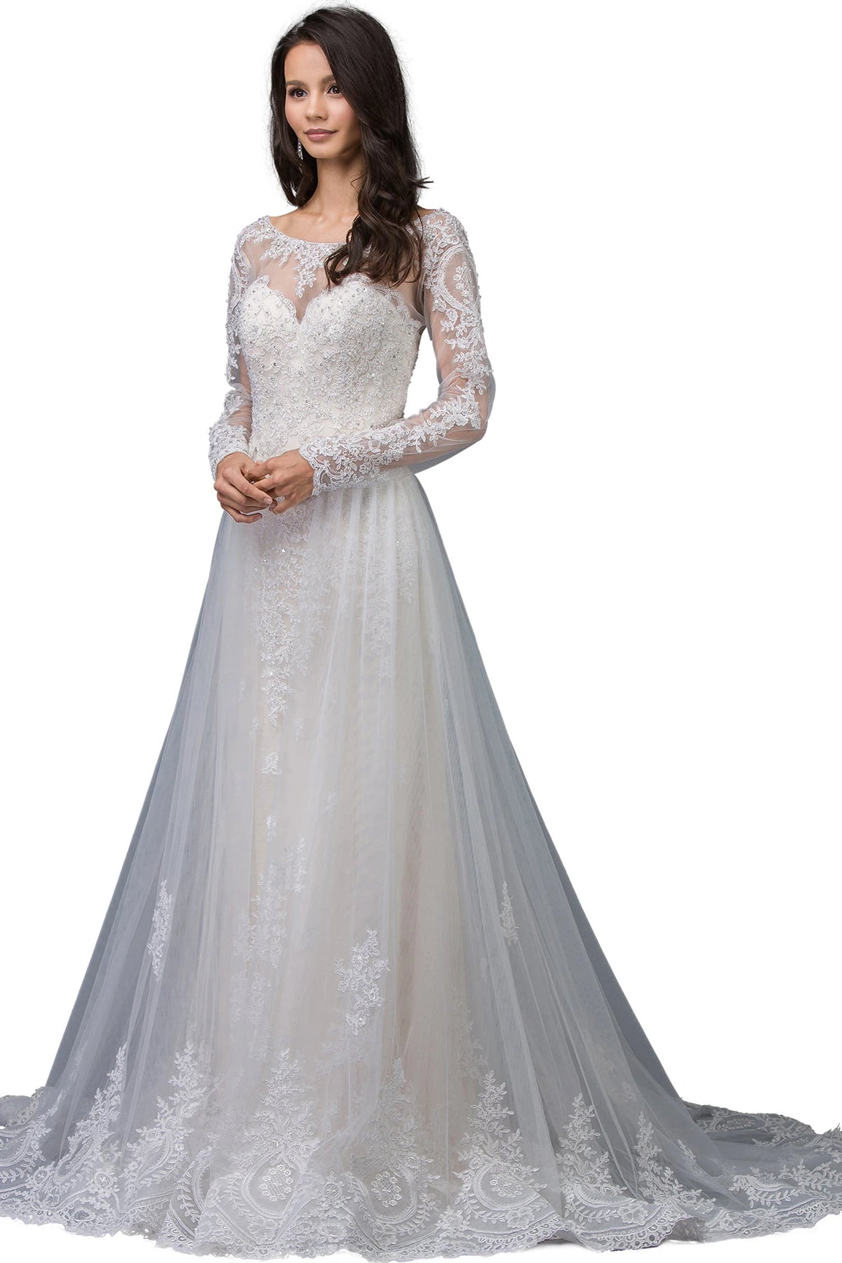 Featuring a floor-length skirt, this Ivory/Champagne wedding dress is shown in full view.