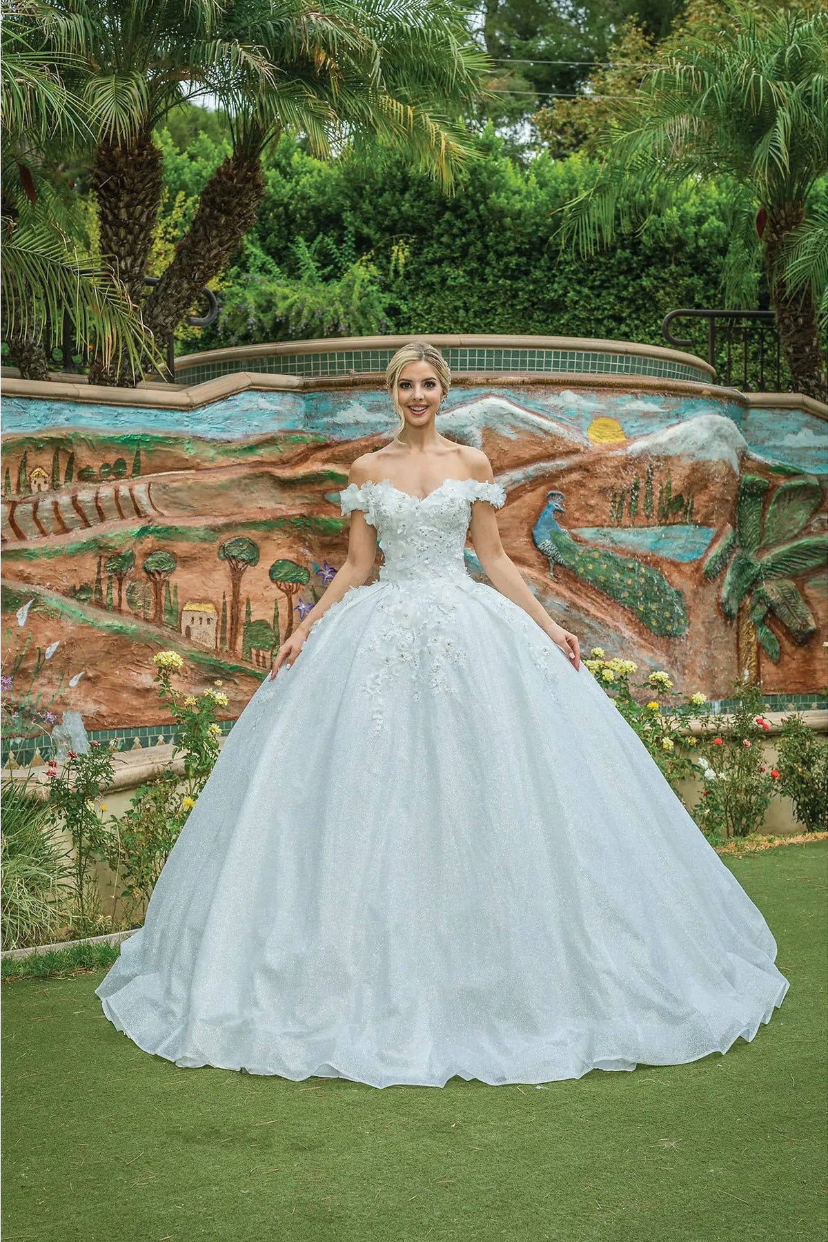 Featuring a floor-length skirt, this Off-White wedding dress is shown in full view.