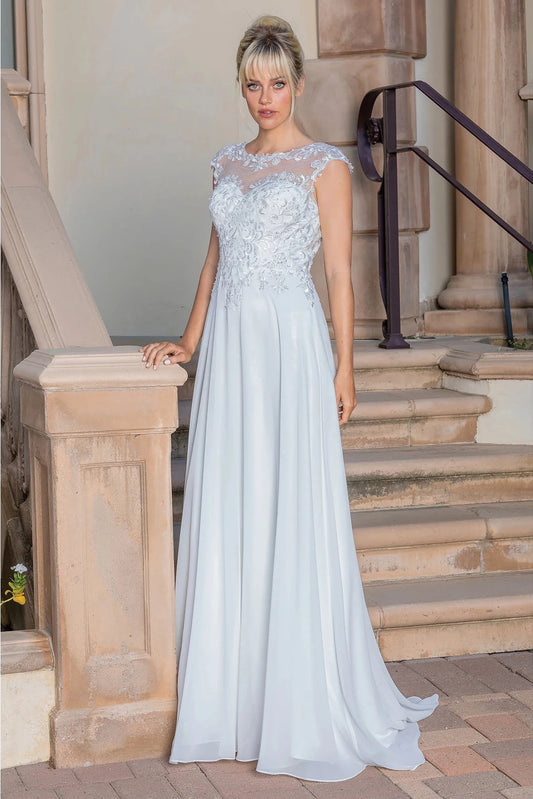 Featuring a floor-length skirt, this Off-White wedding dress is shown in full view.