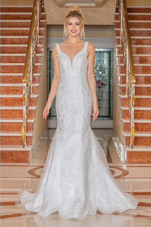 Featuring a floor-length skirt, this Off-White wedding dress is shown in full view.