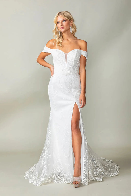 Woman in Off white lace mermaid wedding gown with off-shoulder neckline and detailed train.