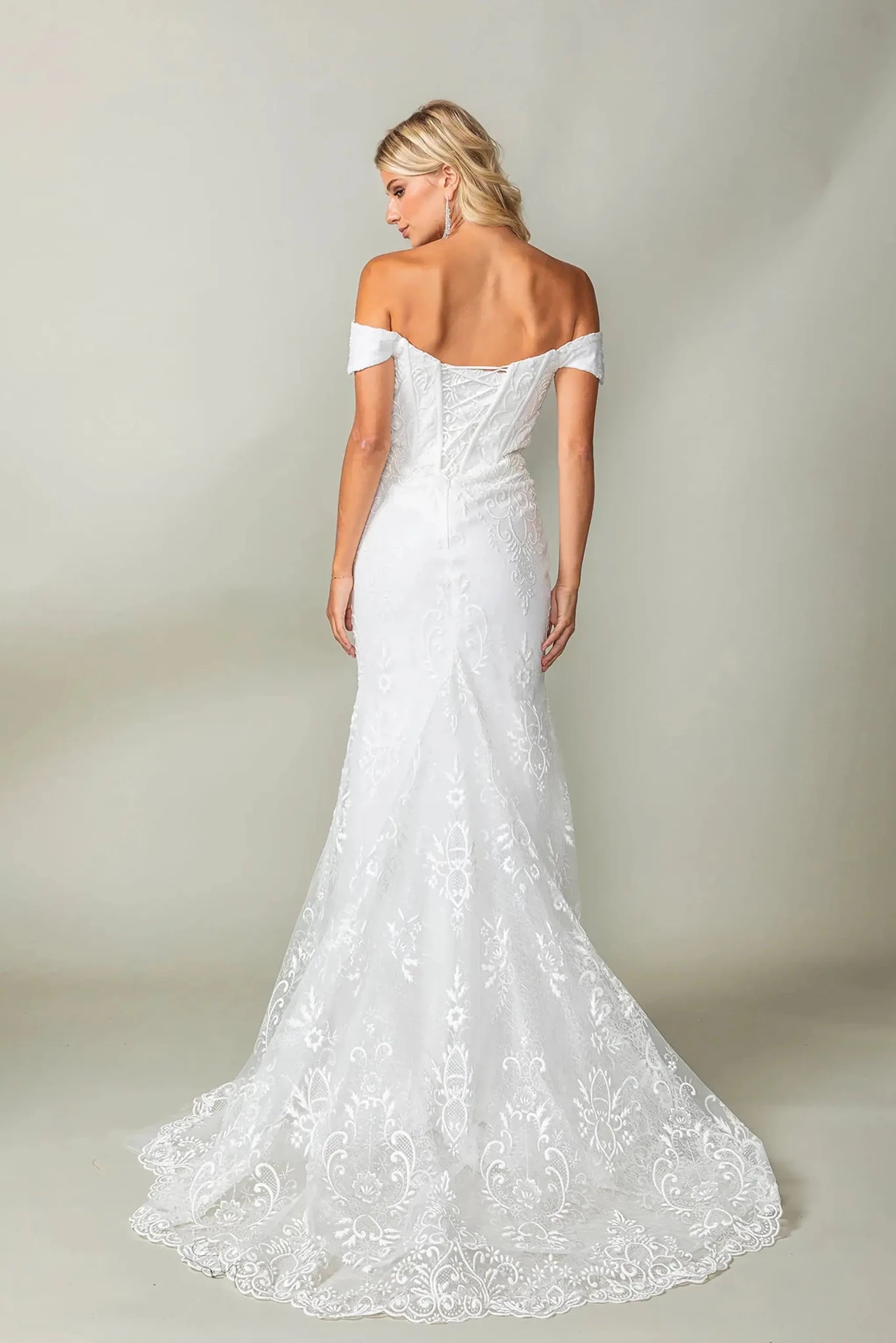 Back full Length view of Sophisticated Off White Lace Mermaid Wedding Gown with Train