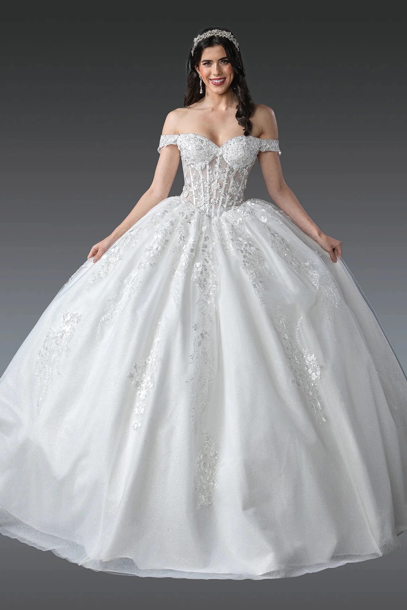 Woman in Off white off-shoulder corset wedding dress with floral embroidery.