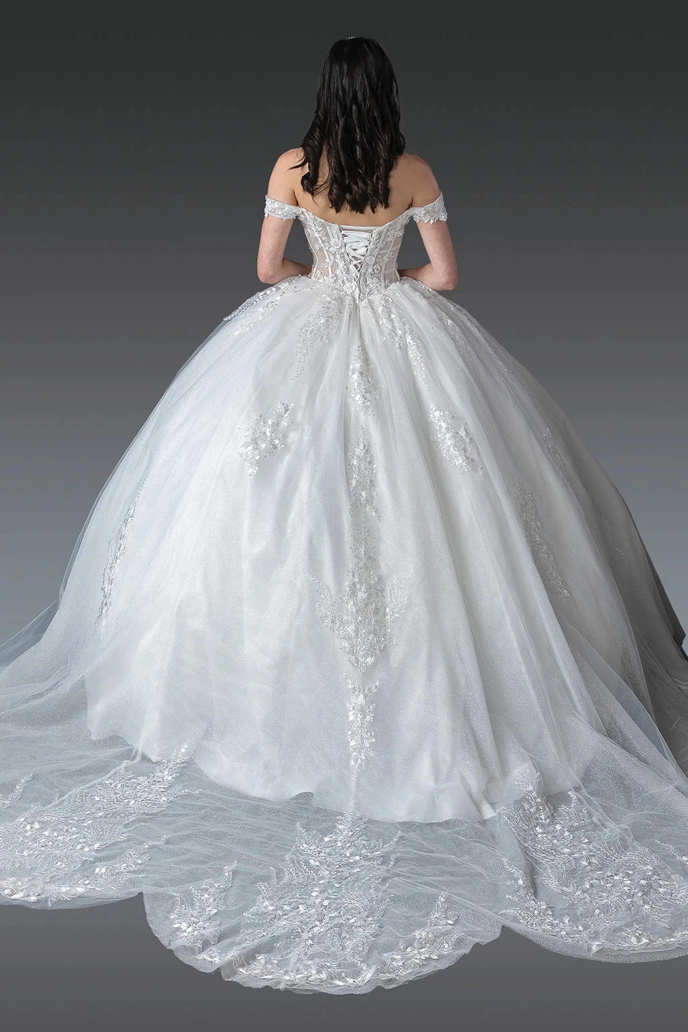 Back full Length view of Sparkling Off White Off-Shoulder Corset Wedding Dress with Sequins
