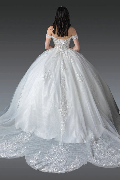 Back full Length view of Sparkling Off White Off-Shoulder Corset Wedding Dress with Sequins