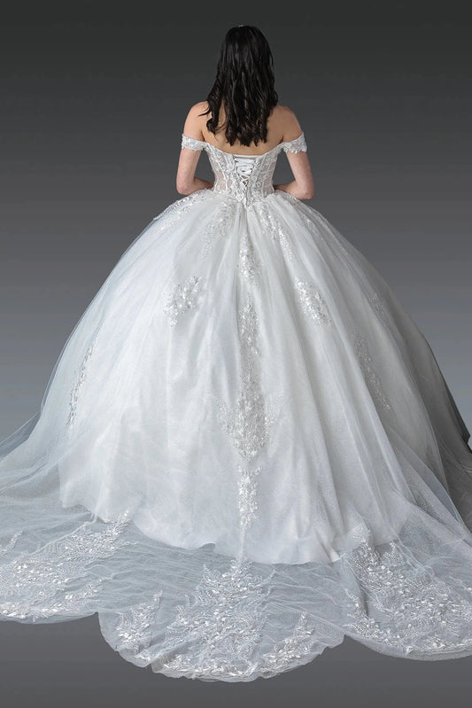 Back full Length view of Sparkling Off White Off-Shoulder Corset Wedding Dress with Sequins