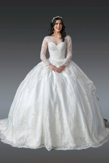 Woman in Off white long-sleeve wedding ball gown with beaded lace details.